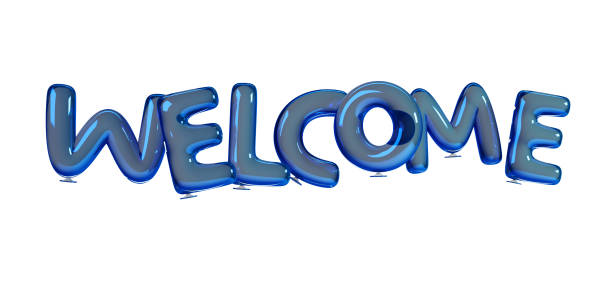 Welcome made of Blue helium Balloons. 3d rendering isolated on white background