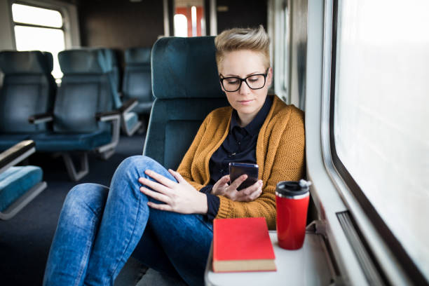 istock Women using her mobile phone in the train 909704848