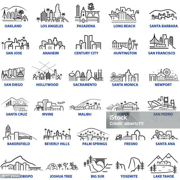 California Cityscape Illustrations Chunky Style Stock Illustration - Download Image Now - California, Vector, Famous Place