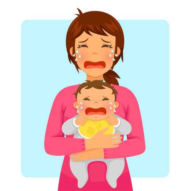 crying baby and crying mom Young mother crying while holding her crying baby crying baby cartoon stock illustrations