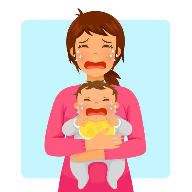 Vector illustration of crying baby and crying mom
