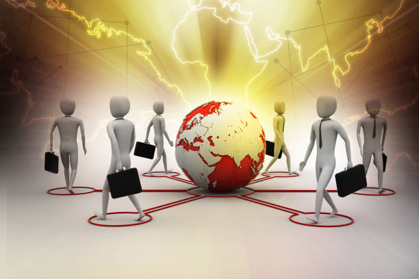 istock 3d image of virtual men on global connection 909715620