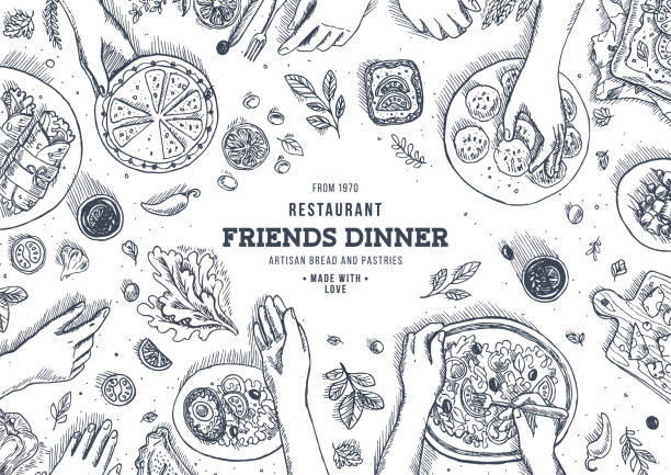 가족 저녁 식사 최고 보기 그림입니다. 저녁 식사 테이블 배경입니다. 새겨진된 스타일 그림입니다. 영웅 이미지입니다. 벡터 일러스트 레이 션 - 레이션 일러스트 stock illustrations
