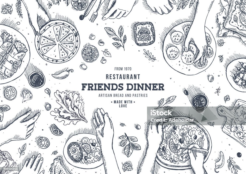 Family dinner top view illustration. Dinner table background. Engraved style illustration. Hero image. Vector illustration Vector illustration Food stock vector