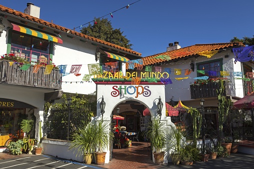 Bazaar Del Mundo shopping store exterior in Old Town State Park in San Diego. Shops offer quality crafts and authentic folk art from Latin America