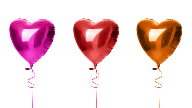 istock Three big heart balloons composition red orange and purple objects for birthday isolated 909721552