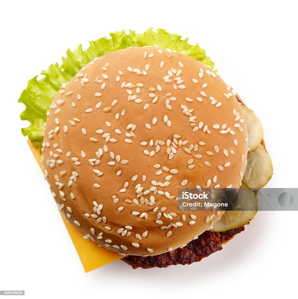 fresh cheeseburger isolated on white fresh cheeseburger isolated on white background, top view Burger Stock Photo