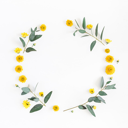 Flowers composition. Wreath made of various yellow flowers and eucalyptus branches on white background. Flat lay, top view, copy space, square