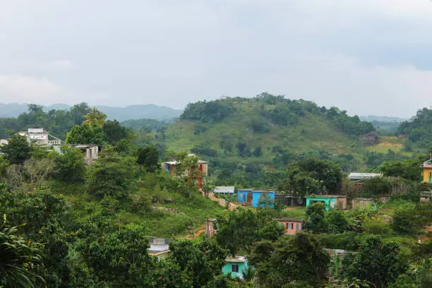 Photo of Houses and shacks nestled among the lush, green foliage that covers the hillside, Nine Mile, Jamaica.