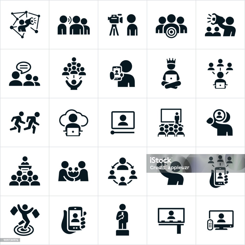 Influencer Marketing Icons A set of influencer marketing icons. The icons show influencers used to market a product or service. Icon Symbol stock vector