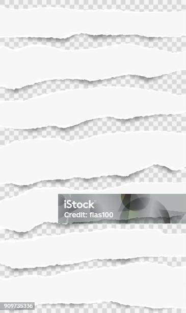 Pieces Of Torn White Blank Note Notebook Paper Strips Stuck On Gray Squared Background Stock Illustration - Download Image Now