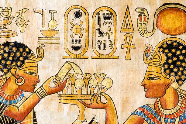Fragment of ancient Egyptian painting on papyrus. This is a souvenir replica from a market in Cairo