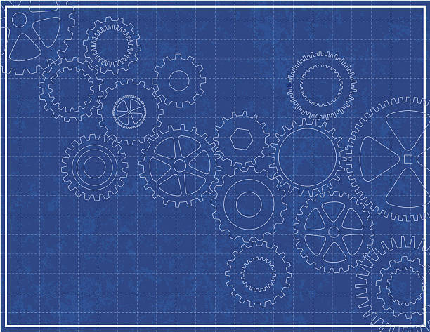 Blueprint background with white cogs and grid Blueprint Background with cogs blueprint backgrounds stock illustrations