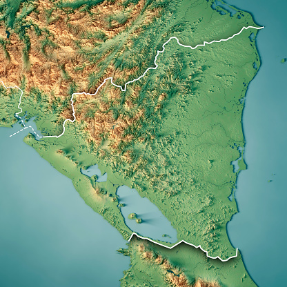 3D Render of a Topographic Map of Nicaragua, Central America.\nAll source data is in the public domain.\nColor texture: Made with Natural Earth. \nhttp://www.naturalearthdata.com/downloads/10m-raster-data/10m-cross-blend-hypso/\nBoundaries Level 0: Humanitarian Information Unit HIU, U.S. Department of State (database: LSIB)\nhttp://geonode.state.gov/layers/geonode%3ALSIB7a_Gen\nRelief texture and Rivers: SRTM data courtesy of USGS. URL of source image: \nhttps://e4ftl01.cr.usgs.gov//MODV6_Dal_D/SRTM/SRTMGL1.003/2000.02.11/\nWater texture: SRTM Water Body SWDB:\nhttps://dds.cr.usgs.gov/srtm/version2_1/SWBD/