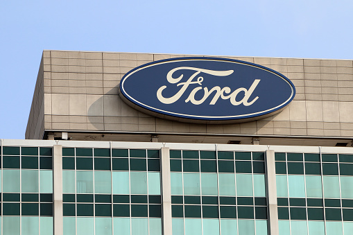 Dearborn, Michigan-January 23, 2018:  Sign atop the Ford Motor Company world headquarters, also known as the \