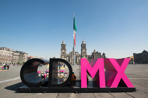 Mexico City - circa february 2016: CDMX - Ciudad de Mexico letters on Zocalo near Cathedral