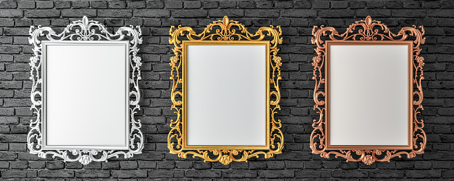 Canvas with vintage gold, silver, broze frames on brick wall of the gallery 3d render