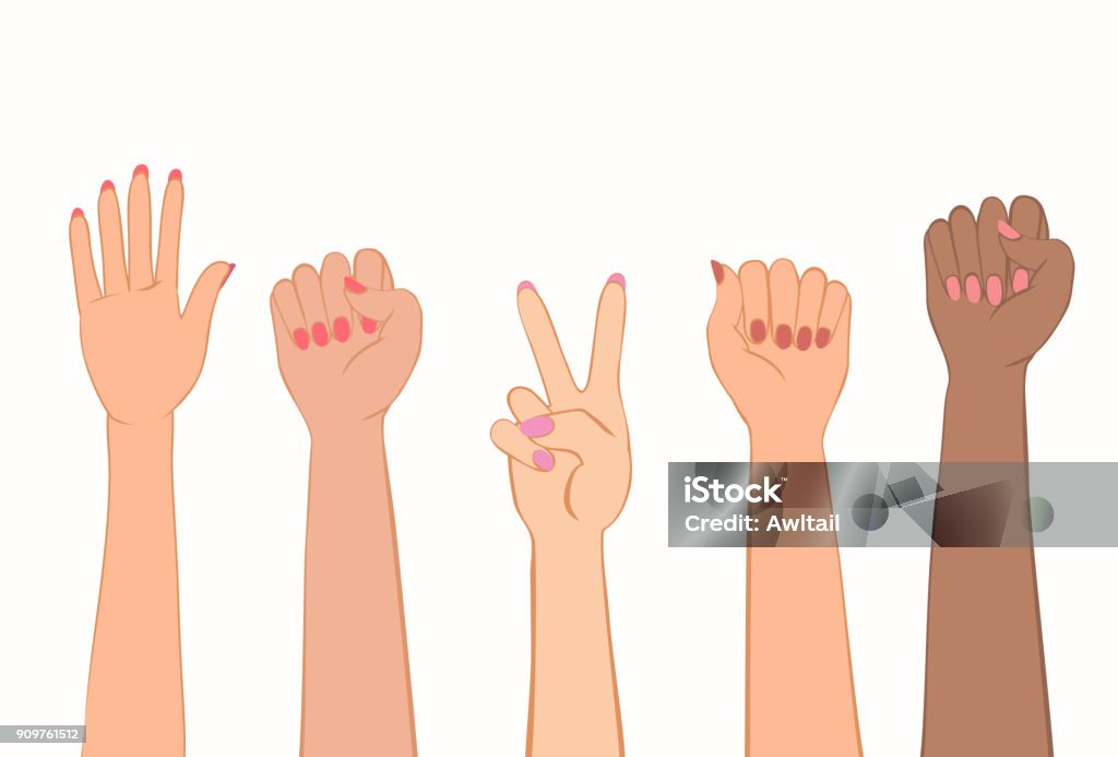 Women's hands with painted nails. Women's hands with painted nails. Symbol of women's protest of different nations. Clenched fist, stop gesture, victory sign. Vector illustration EPS-8. Fist stock vector