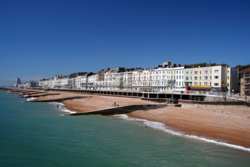 Editorial Hastings, UK - April 27, 2023: A panoramic view of Hastings Old Town in East Sussex, England UK