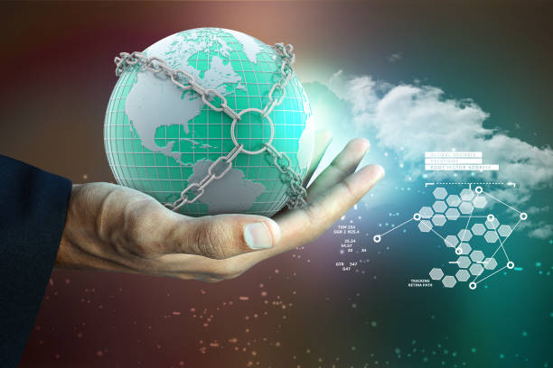 istock Smart hand showing Earth globe close in chain 909765266