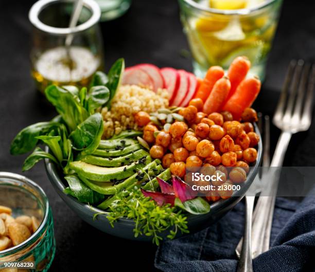 Health Salad Buddha Bowl Of Mixed Vegetables Stock Photo - Download Image Now - Healthy Eating, Protein, Dieting