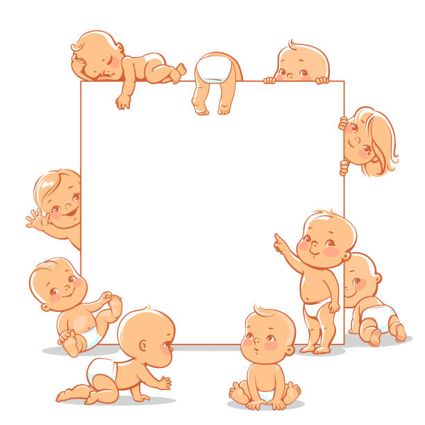 illustrazioni stock, clip art, cartoni animati e icone di tendenza di bambino vicino alla cornice di testo. - diaper baby crawling cartoon