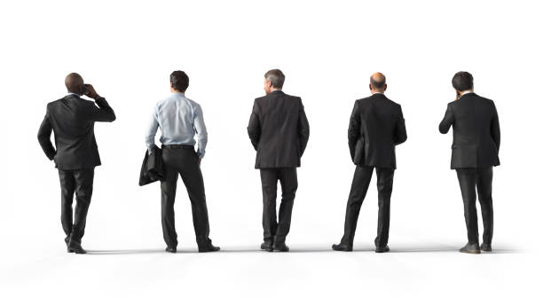 Back view of standing business men. Illustration on white background, 3d rendering isolated.