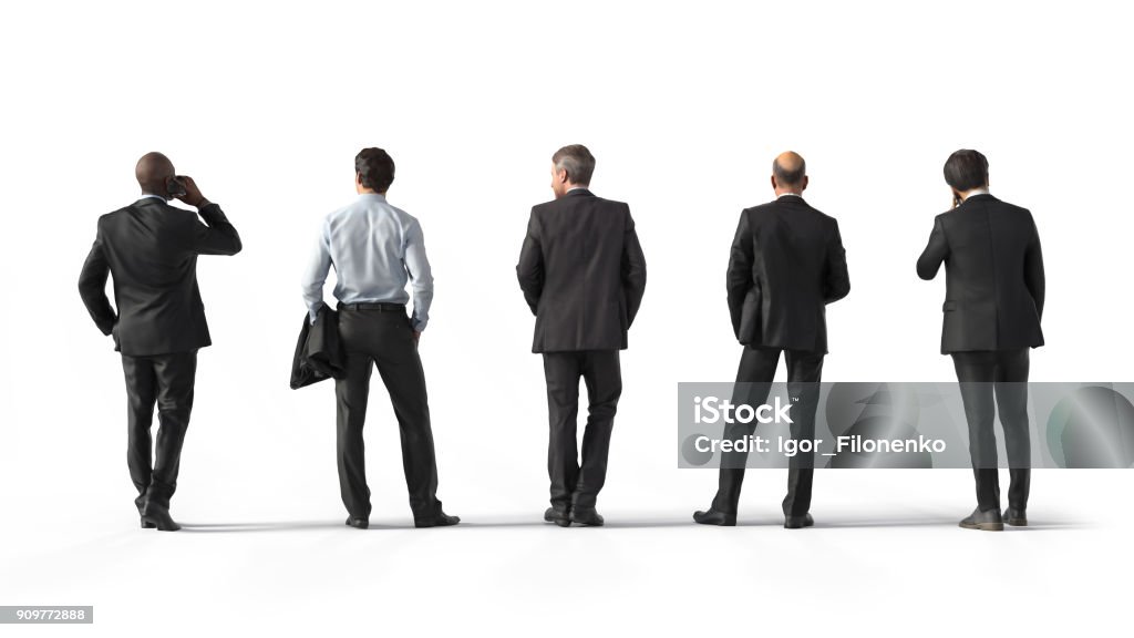 Back view of standing business men. Illustration on white background, 3d rendering isolated. Businessman Stock Photo