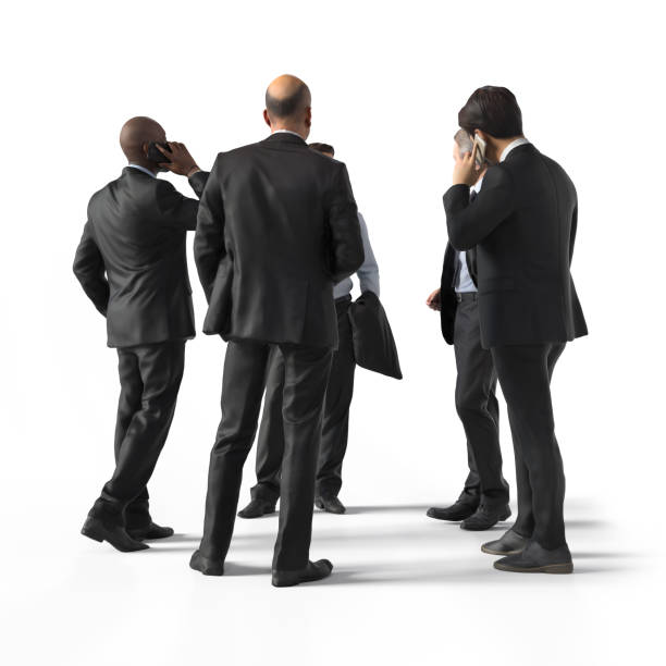 istock Back view of standing business men. Illustration on white background, 3d rendering isolated. 909772902
