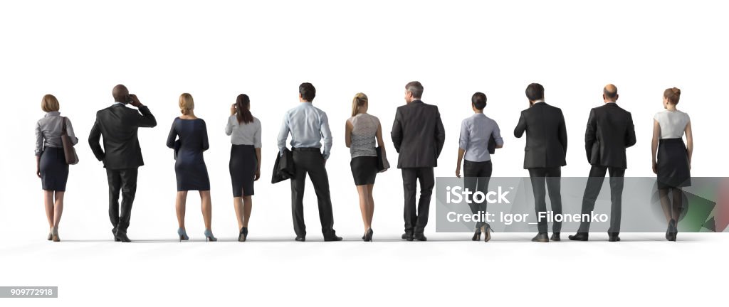 Back view of standing business people. Illustration on white background, 3d rendering isolated. Back Stock Photo