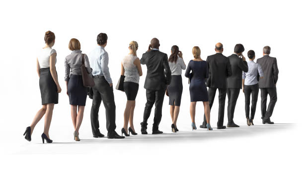 Back view of standing business people. Illustration on white background, 3d rendering isolated. Back view of standing business people. Illustration on white background, 3d rendering isolated. waiting in line stock pictures, royalty-free photos & images