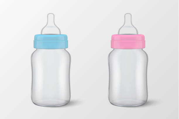 istock Two vector realistic blank baby bottle for boy - blue - and girl - pink - icon set closeup isolated on white background. Sterile empty milk container design template, mockup for graphics 909778448