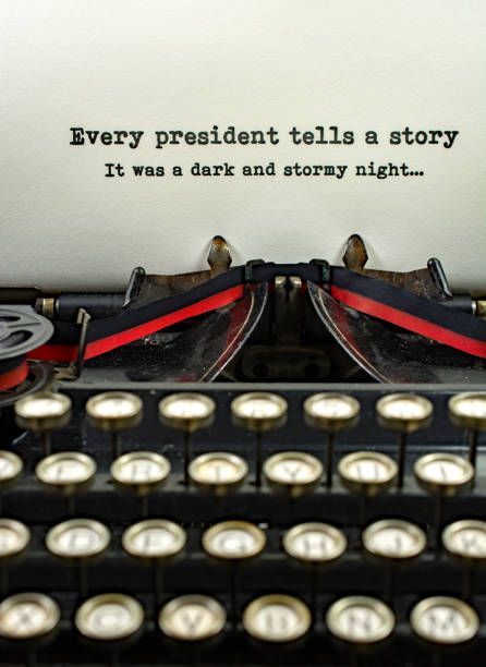 istock Close-up antique typewriter with words president story 909785590
