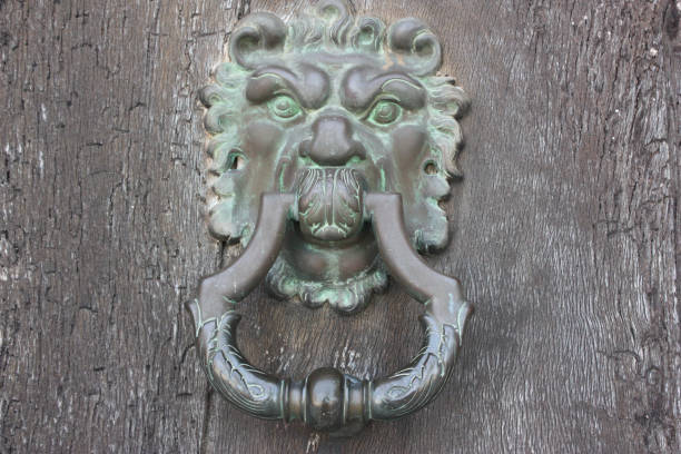 istock Old door knocker  old wooden door 909789042