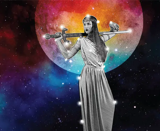 Vector illustration of Warrior Goddess constellation with full moon