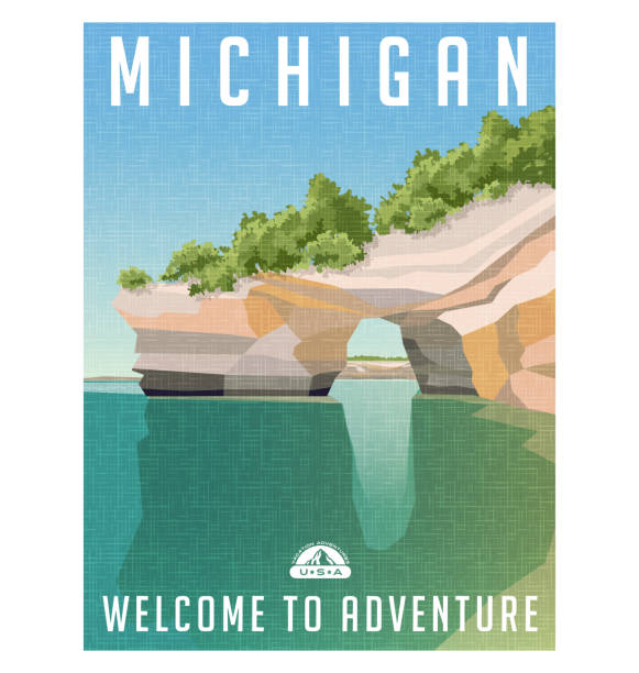 michigan plakat podróży. piaskowcowe klify na linii brzegowej jeziora superior. - michigan stock illustrations