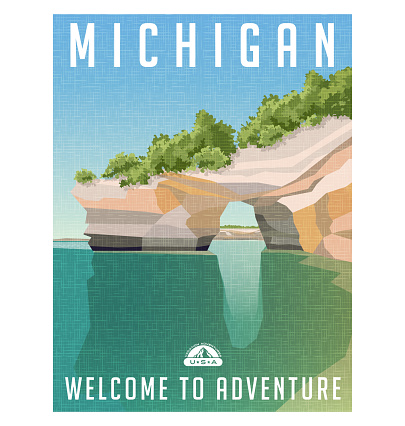 Michigan travel poster or sticker. Retro style vector illustration of sandstone cliffs on Lake Superior shoreline.