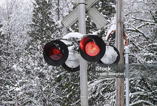 Warning Light In Snow Stock Photo - Download Image Now - Cold Temperature, Color Image, Crossing Sign