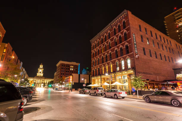 Downtown Des Moines, Iowa at night. stock photo