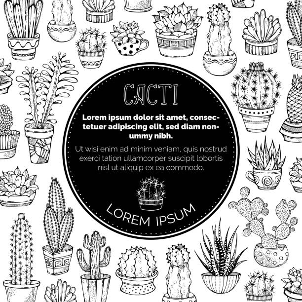 ilustrações de stock, clip art, desenhos animados e ícones de vector cacti doodles background. - leaf black background line art nature