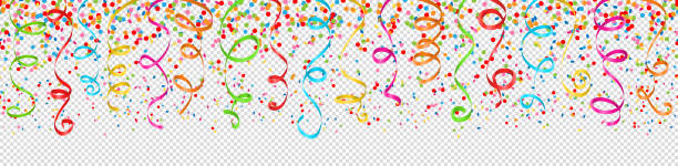 konfetti i streamery kolorowy wzór bez szwu - streamer celebration anniversary backgrounds stock illustrations