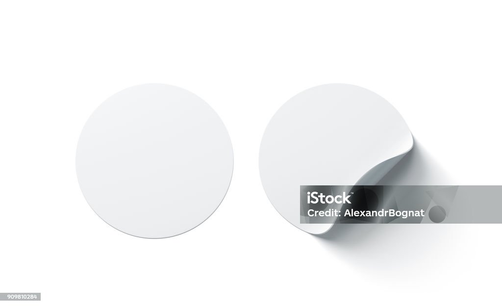 Blank white round adhesive stickers mock up with curved corner Blank white round adhesive stickers mock up with curved corner, 3d rendering. Empty circle sticky label mockup with curl. Clear adherent tag template for glass door or wall. Template Stock Photo