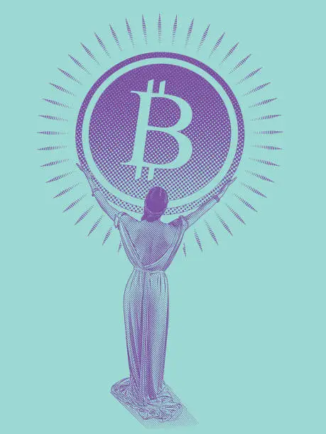 Vector illustration of Woman holding large Bitcoin
