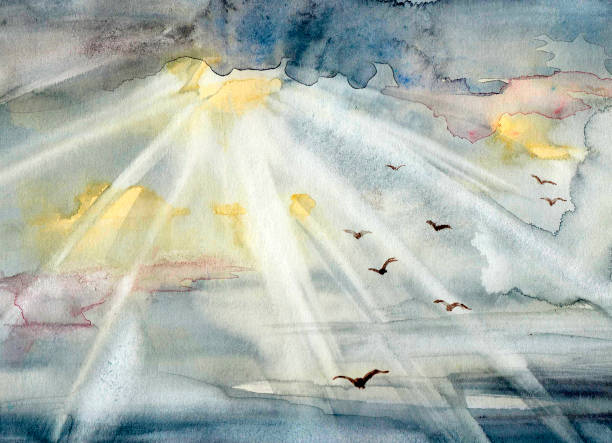 ilustracja akwarela z niebem i ptakami - burza obrazy stock illustrations