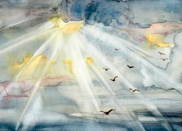 Watercolor illustration with sky and birds Watercolor illustration with sky, sun and birds. Hand drawn sun painting stock illustrations