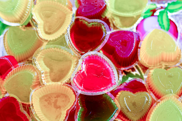 jelly shape heart gelatin sweet dessert in the dish on the table