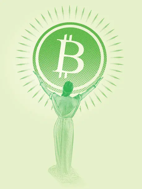 Vector illustration of Woman holding large Bitcoin