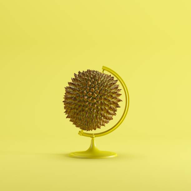 istock Durian global idea concept on yellow color pastel  background. minimal idea concept. 909821484
