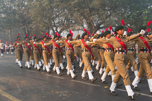 Red Road, Kolkata, WEST BENGAL: India's National Cadet Corps's (NCC) lady cadets are marching past, preparing for India's republic day celebarion on 26.01.2018.