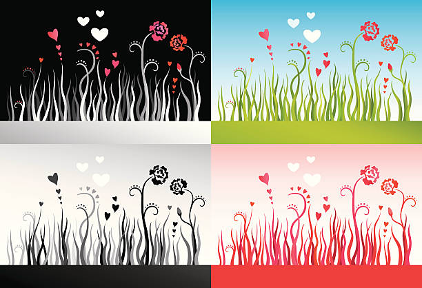 Backgrounds with grass, flowers and hearts  blue rose against black background stock illustrations
